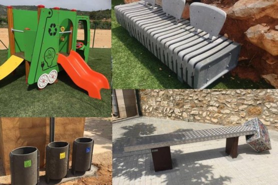 Imatges de mobiliari urbà fet de residus d'envasos