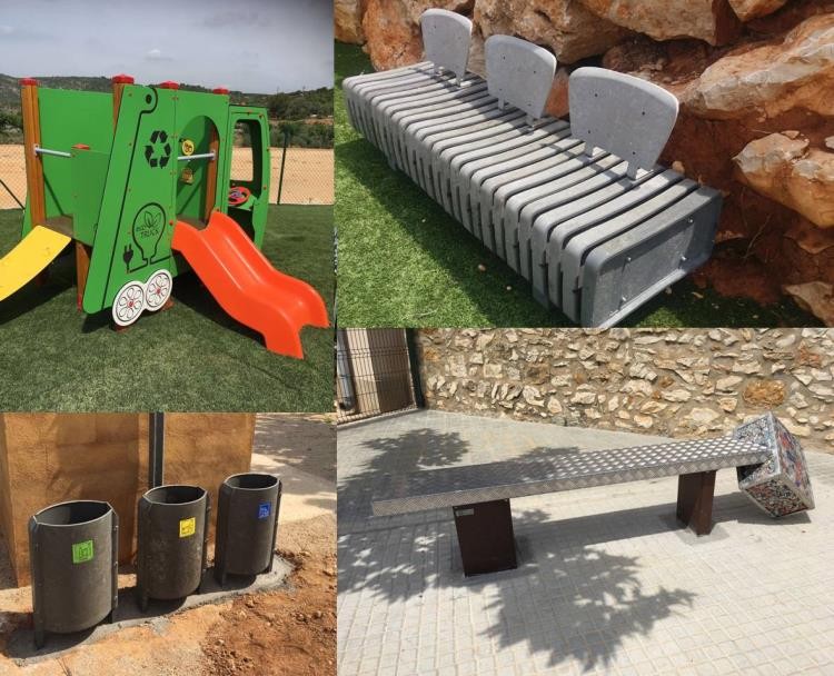 Imatges de mobiliari urbà fet de residus d'envasos